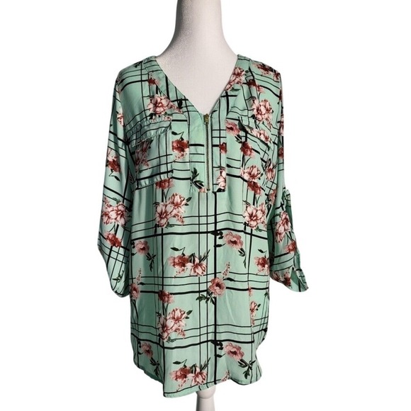 Wishful Park Tops - WishFull Park‎ Women's Floral Cool Green Plaid Blouse Size L